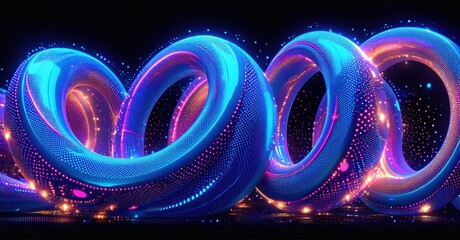 Poster - Bright neon rings interlock, creating futuristic symbol. Vivid blue, purple hues dominate dark background. Intense light effects present.