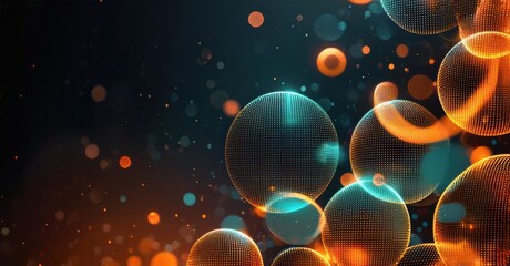Leinwandbilder - Abstract spheres, vibrant colors, dark background. Glowing particles create dynamic, futuristic composition. Depth, texture visible.