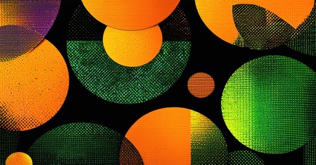 Leinwandbilder - Abstract circles overlap, creating vibrant patterns. Orange, green, purple hues dominate dark background. Dots texture surfaces.