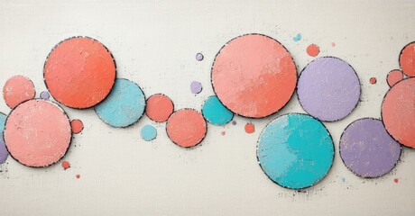 Fototapete - Abstract circles, coral, turquoise, lavender hues. Textured canvas background. Minimalist design, playful composition. Soft colors dominate.