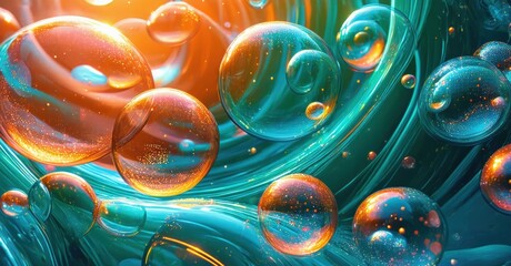 Poster - Vibrant bubbles float, swirl. Orange, teal hues blend. Sparkling particles create luminous, abstract composition. Fluidity dominates scene.
