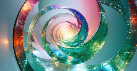 Leinwandbilder - Spiral structure, vibrant colors, futuristic design. Light radiates from center, creating dynamic visual effect. Abstract, modern composition.
