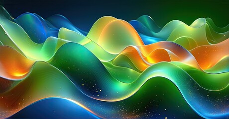Leinwandbilder - Abstract waves, vibrant colors blend. Fluid shapes create dynamic landscape. Light sparkles, smooth gradients dominate composition.