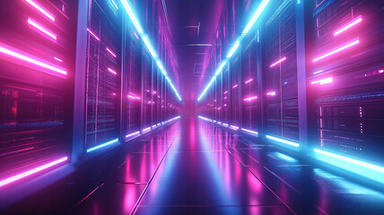 Wall Mural - sleek modern data center with rows of servers and vibrant pink and blue lighting effects