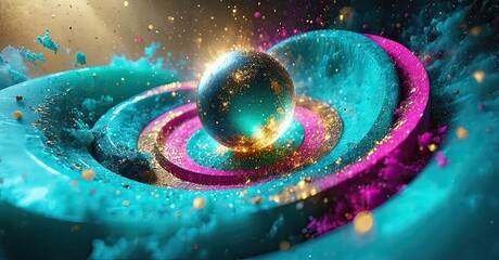 Poster - Abstract swirling forms, vibrant colors, central sphere. Dynamic composition, energetic textures, cosmic feel. Light radiates, creating depth.