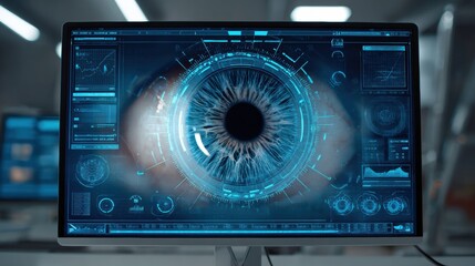 Aufkleber - Virtual Eye Exam Displayed on Computer Screen With Futuristic User Interface and Clear Margin