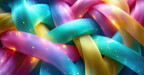 Leinwandbilder - Colorful ribbons intertwine, creating vibrant abstract composition. Light sparkles illuminate flowing shapes, suggesting movement, joy.
