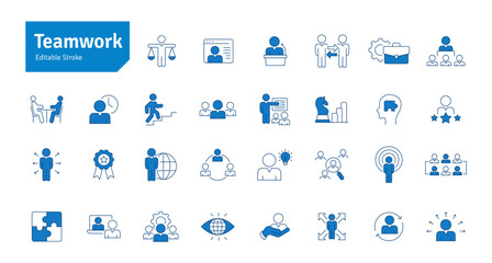  Teamwork Blue Line Icons Set. Leadership, Manager, Business Strategy, Meeting, Analyzing, Workflow, Team Icons Editable Stroke Vector Illustration