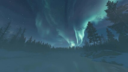 Wall Mural - northern lights dancing over snow covered forest, glowing green and purple, mirroring calm lake surf