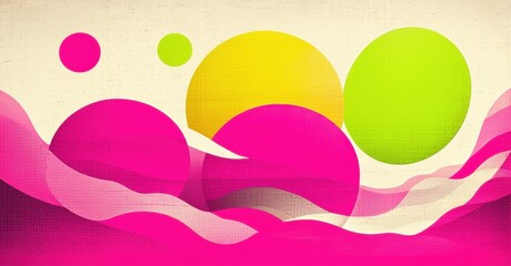 Leinwandbilder - Abstract composition featuring vibrant circles, waves. Pink, yellow, green hues dominate textured background. Modern design elements present.