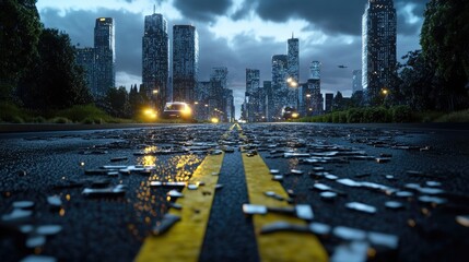Poster - Cyberpunk-style digital road framed by binary skyscrapers, immersive machine learning world