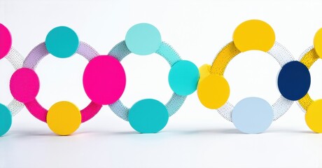 Aufkleber - Colorful circles connected. Abstract pattern creates linear arrangement. Bright hues contrast white background. Simple design, modern aesthetic.