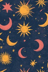 celestial sun and moon pattern on dark background