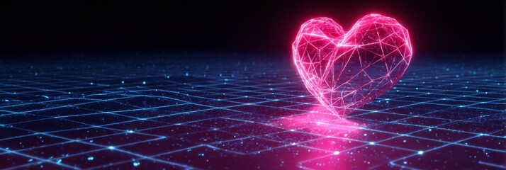 Poster - Neon Heart Floating in a Digital Grid, Creating a Futuristic Romantic Atmosphere in a Virtual Environment