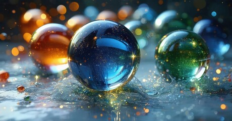 Poster - Colorful glass marbles impact surface, creating splash. Bright bokeh lights surround spheres, dramatic lighting present.