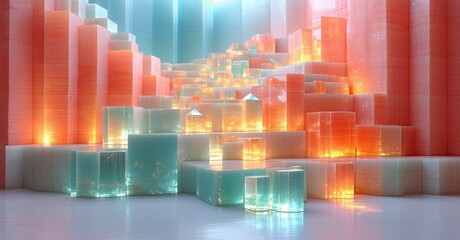 Aufkleber - Abstract cuboid structures, orange, turquoise hues. Light glows, creating futuristic cityscape impression. Minimalist design, clean lines.