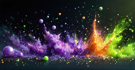 Aufkleber - Vibrant explosion. Colorful particles burst forth, creating dynamic energy. Purple, orange, green hues dominate dark background.