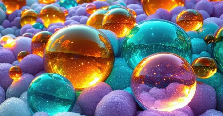 Poster - Colorful glass spheres fill frame. Reflections create vibrant, dreamy texture. Purple base provides contrast, luminosity.