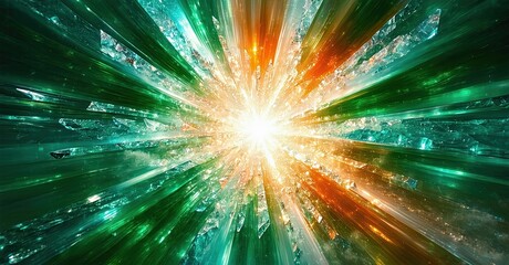 Aufkleber - Bright explosion radiates outward. Shards, streaks, energy burst from central point. Vivid green, orange hues dominate dark background.