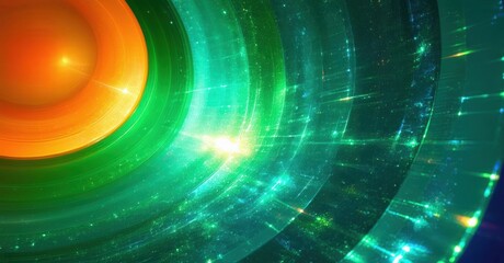 Aufkleber - Abstract vibrant circles radiate energy. Green, orange hues dominate dark space. Bright light emanates from center, creating dynamic visual effect.