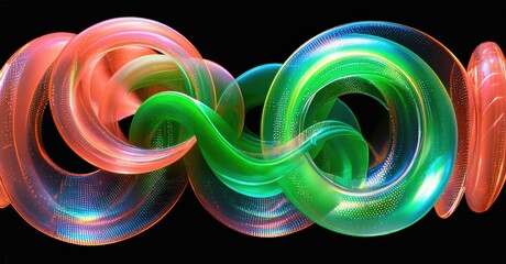 Leinwandbilder - Bright colorful loops intertwine, forming infinity symbol. Vivid gradients create dynamic visual effect against dark background.
