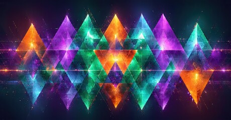 Leinwandbilder - Vibrant geometric pattern. Triangles glow, creating dynamic light effects. Dark background emphasizes colorful shapes, futuristic design.
