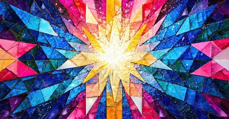 Aufkleber - Bright mosaic radiates outward. Vivid colors blend, creating starburst effect. Geometric shapes form abstract, dynamic composition.