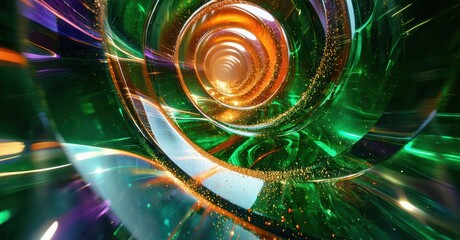 Aufkleber - Vibrant abstract swirls, luminous orange center. Green, purple hues dominate, creating dynamic energy. Particles drift within swirling forms.