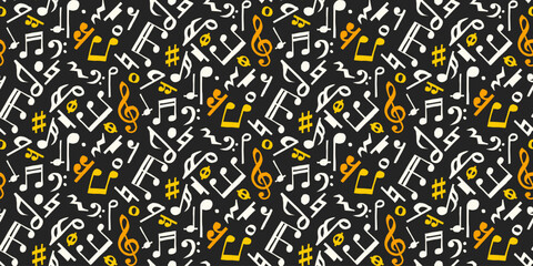 seamless pattern background of hand-drawn white and yellow music notes on black, in a flat and conte