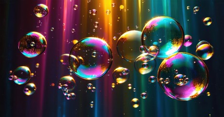 Aufkleber - Colorful bubbles float against vibrant light streaks. Iridescent spheres reflect rainbow hues, creating dynamic visual effect.