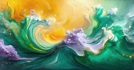 Poster - Abstract fluid art. Swirling waves blend gold, teal, purple hues. Dynamic energy, vibrant colors create captivating visual experience.