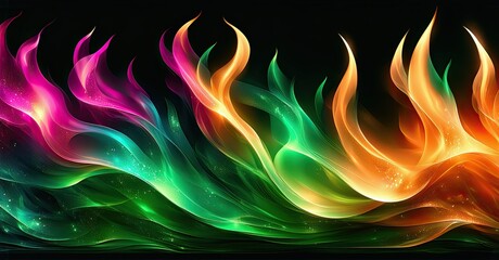 Poster - Vibrant flames rise, colorful waves blend. Bright hues contrast dark background, creating dynamic energy. Sparkles add visual interest.
