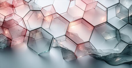 Poster - Hexagonal structures, translucent material, light reflections. Abstract geometric pattern creates futuristic visual impact. Minimalist composition.