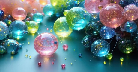 Aufkleber - Colorful glass spheres scatter across surface. Light reflects, creating vibrant, sparkling visual effect. Depth, texture apparent.
