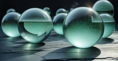 Aufkleber - Glass spheres reflect light, water droplets visible. Dark background emphasizes rounded forms, creating cool aesthetic. Minimalist composition.