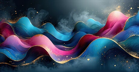 Leinwandbilder - Abstract waves, flowing shapes, vibrant colors. Gold accents enhance dynamic composition. Dark background creates dramatic effect.