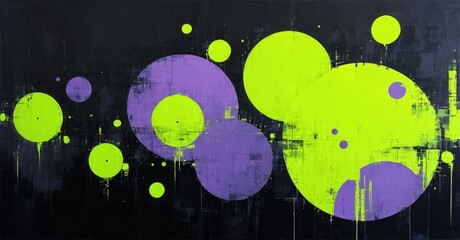Leinwandbilder - Abstract circles, purple and lime hues, textured background. Dark tones dominate composition, creating dynamic visual effect.