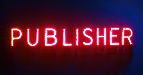 Aufkleber - Bright red neon sign spells PUBLISHER against dark blue background. Simple, bold lettering creates striking visual impact.