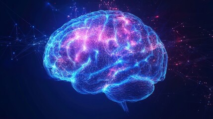 Wall Mural - futuristic abstract glowing blue brain with radiating colorful neural lines on dark background repre