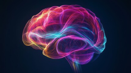 Wall Mural - front view of anatomical human brain emitting vibrant colorful waves of neural energy lines in a sci