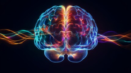 Wall Mural - front view of anatomical human brain emitting vibrant colorful waves of neural energy lines in a sci