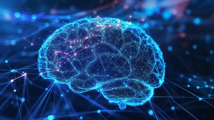 Wall Mural - front view of human brain with glowing neural pathways and colorful brain waves representing electri