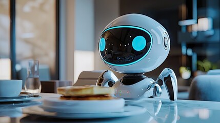 Modern robot enjoying a meal in a stylish home.