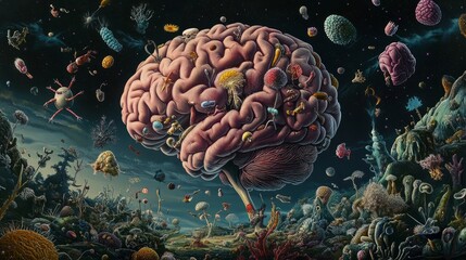 Poster - detailed 3d illustration of a human brain highlighting neural activity and cognitive pathways with g