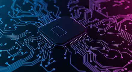 close-up view of a circuit board featuring a central processor with blue and purple hues on black ba