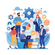 © Abdullah - Online Business Concept. Vector cartoon illustration of a group of diverse people discussing an idea on a laptop monitor via video link.