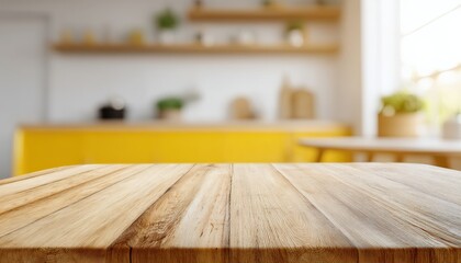 Poster - Empty wooden table situated in a modern kitchen, offering an ideal space for product placement and creating a clean, stylish backdrop