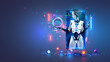 © AndSus - A female AI chatbot robot on a phone screen holds icons of Internet services in her hand. A chatbot in the image of a beautiful cyborg girl processes user data and answers questions. AI assistant.