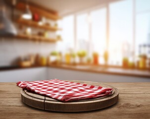 Fototapete - Empty wooden round cutting board with red checkered tablecloth on wooden table with blurred kitchen background, ideal for product placement