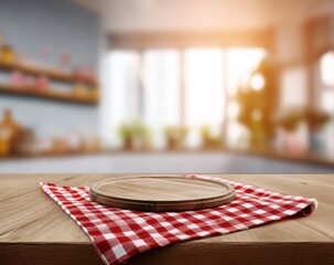 Fototapete - Empty round wooden cutting board on red checkered tablecloth in blurred sunny kitchen background ready for product montage